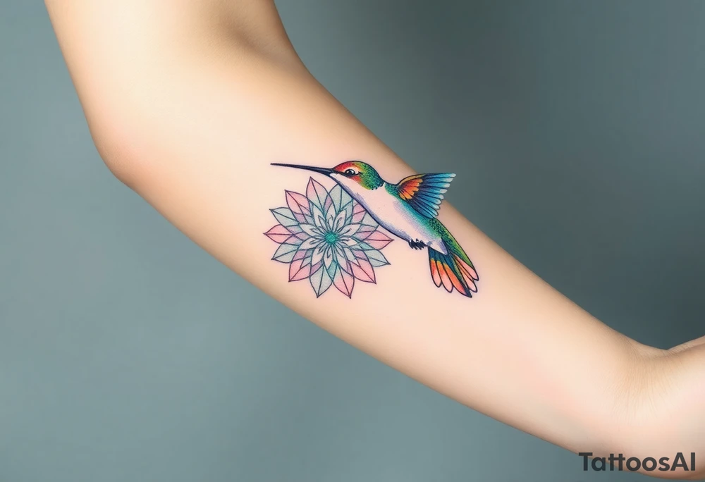 A hummingbird hovering near a Flower of Life, representing harmony and the energy of life. tattoo idea