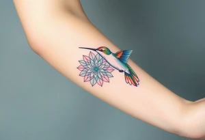 A hummingbird hovering near a Flower of Life, representing harmony and the energy of life. tattoo idea