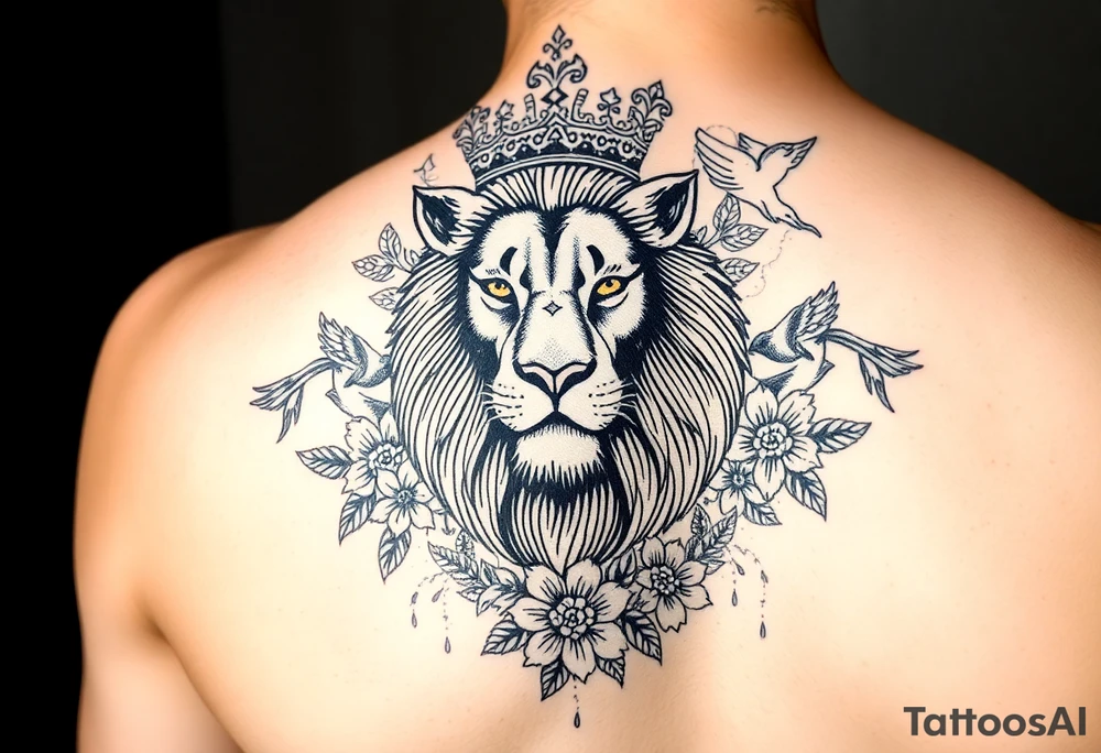 powerful majestic lion with a crown, surrounded by floral ornaments and birds tattoo idea