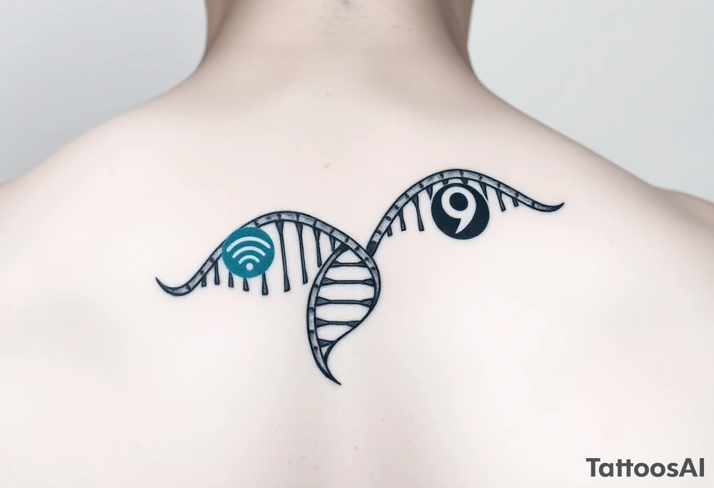 "Tattoo mimicking a DNA strand, but:  
- Base pairs replaced with Wi-Fi/Torrent logos  
- Caption: 'Open source enlightenment'  

Style: Bio-mechanical. Black/blue, bicep." tattoo idea
