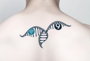 "Tattoo mimicking a DNA strand, but:  
- Base pairs replaced with Wi-Fi/Torrent logos  
- Caption: 'Open source enlightenment'  

Style: Bio-mechanical. Black/blue, bicep." tattoo idea