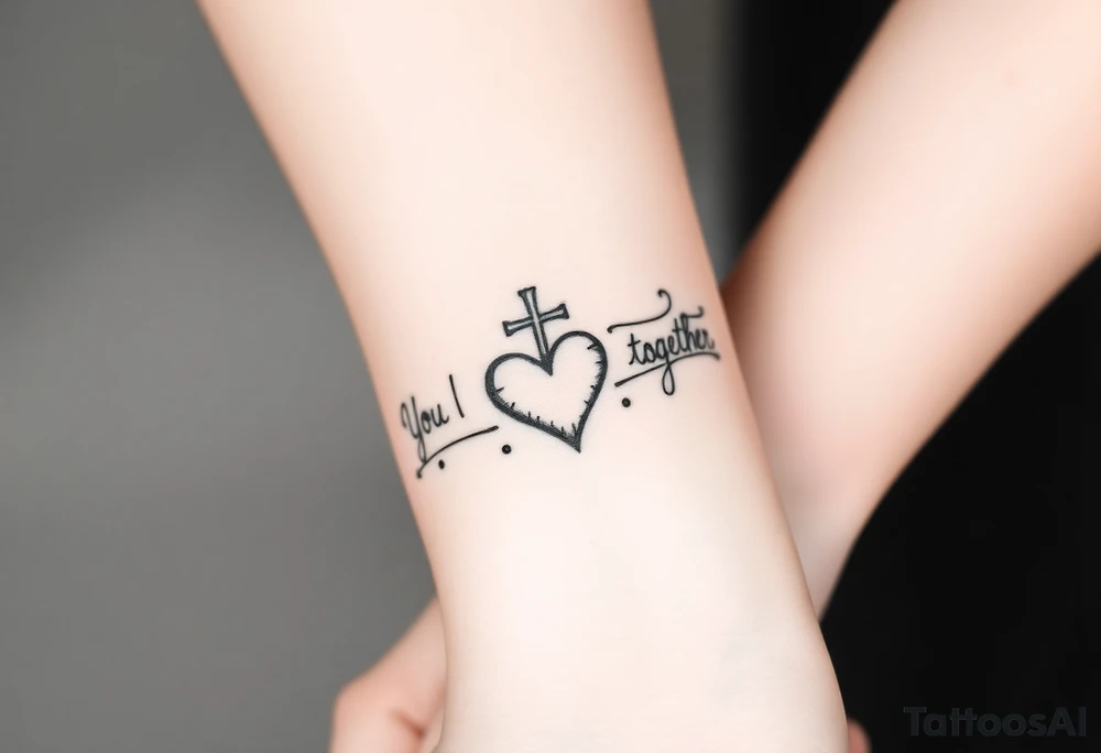 "You and I together" with a cross and a heart integrated into the design tattoo idea