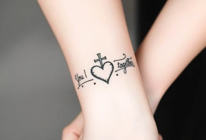 "You and I together" with a cross and a heart integrated into the design tattoo idea