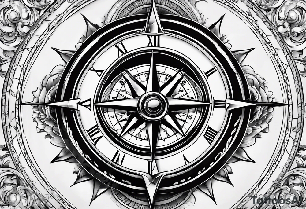 combination of a  nautical compass and a old school clock face deconstructed tattoo idea