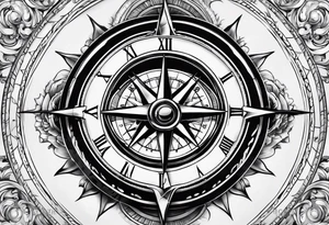 combination of a  nautical compass and a old school clock face deconstructed tattoo idea