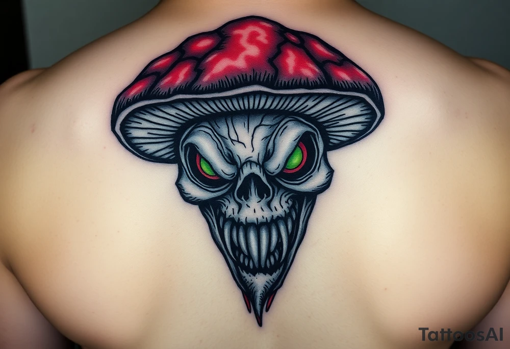 *"A realistic yet caricature-style human-faced mushroom, sinister demonic expression, glowing hollow eyes, jagged teeth, and wrinkled skin texture. Dark fantasy theme, black and blood-red ink with subtle green shadows (like bioluminescent decay).
Small tattoo design (5-7 cm), intricate shading (cross-hatching and stippling), inspired by Victorian grotesque illustrations and Tim Burton's style. Do not make it cute; focus on horror and uncanny vibes."* tattoo idea