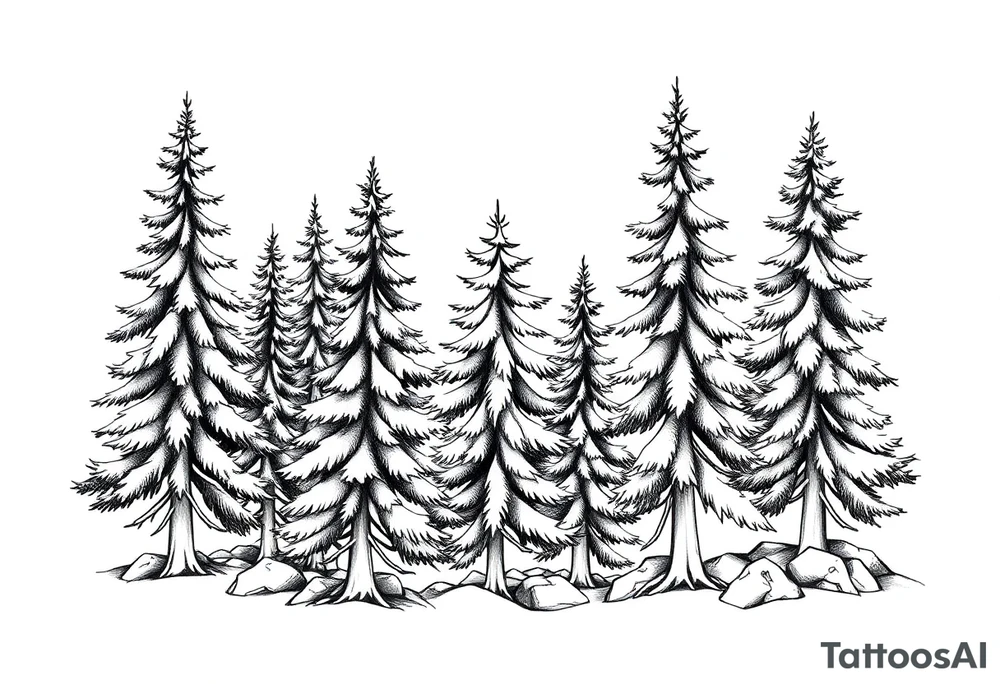 Coniferous forest trees in black and gray tattoo sleeve tattoo idea