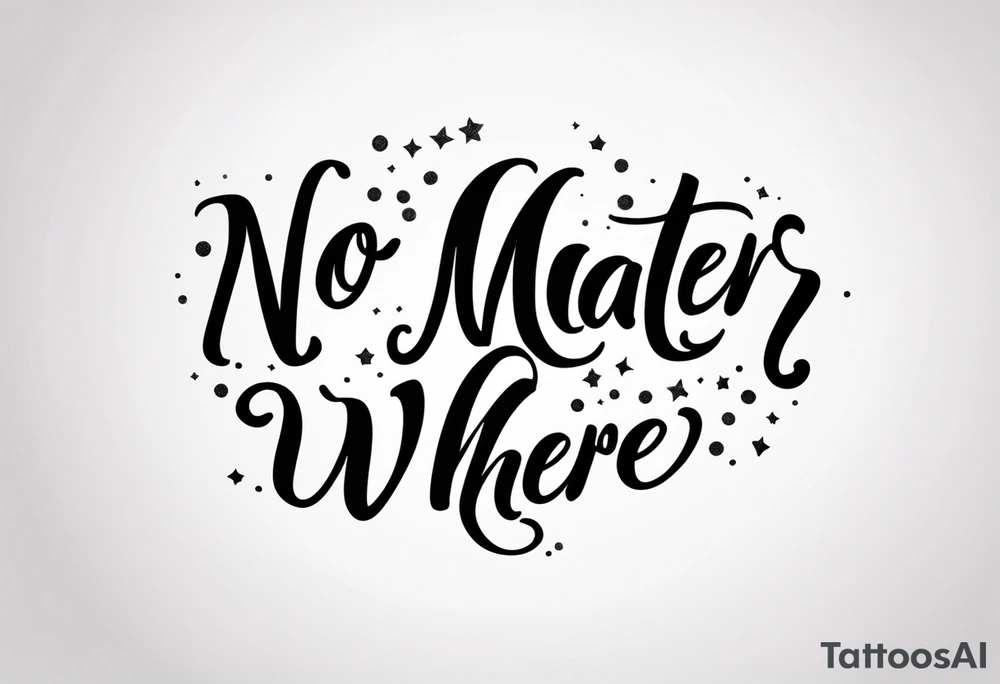 Quote “no matter where” in cursive, glyph at the end, sparkles tattoo idea