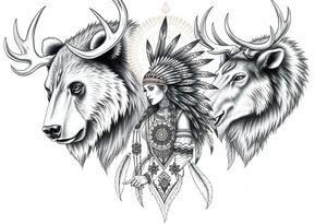 Indigenous, Majestic, and Powerful male Goliath Grizzly Bear and Elk. Both guarding an Indigenous, Majestic, and Powerful Raven haired Warrior Squaw surrounded by The Great Spirits in the sky tattoo idea