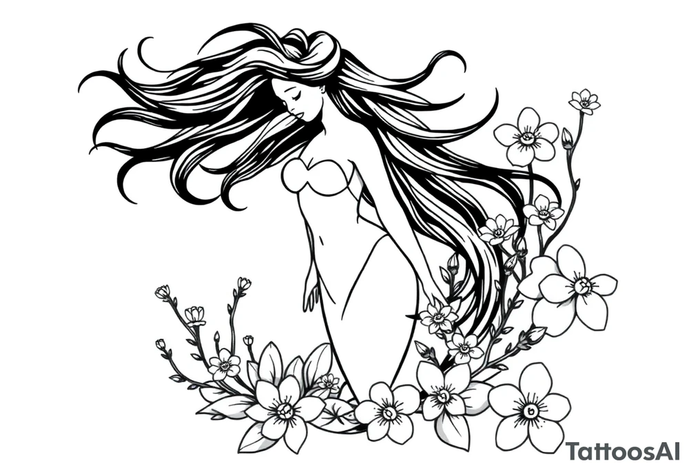 ethereal mermaid with flowing hair among coral and sea flowers tattoo idea