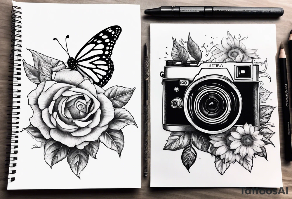Flower : rose , sunflower, camera, small butterfly tattoo idea