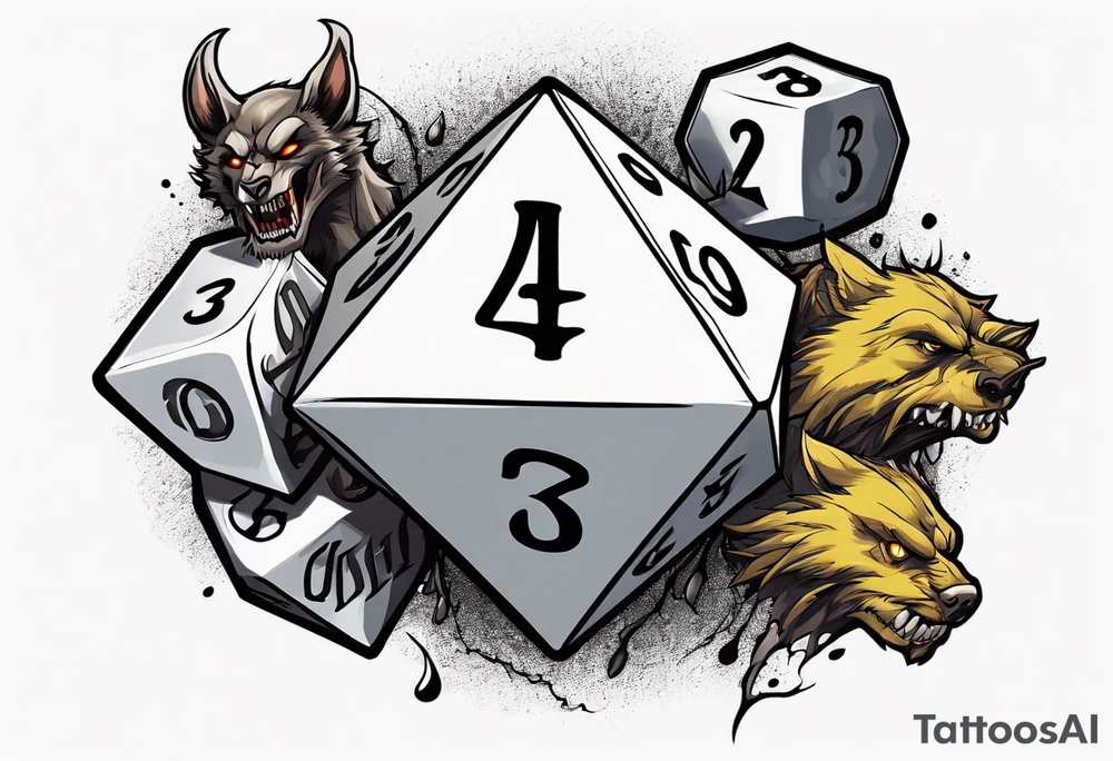 A 20 sided Dice in the center with numbers and wolverine claw marks framing the underneath of the dice and a werewolf in the background tattoo idea