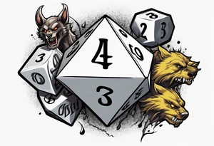 A 20 sided Dice in the center with numbers and wolverine claw marks framing the underneath of the dice and a werewolf in the background tattoo idea