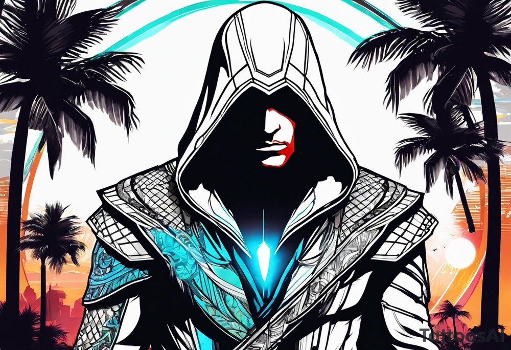 assassins creed character that is in the style of tron with palm trees tattoo idea