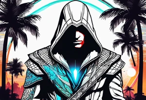 assassins creed character that is in the style of tron with palm trees tattoo idea