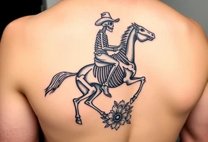 cowboy skeleton riding a horse skeleton on bicep, Fill with (stars, dots, and flowers) tattoo idea