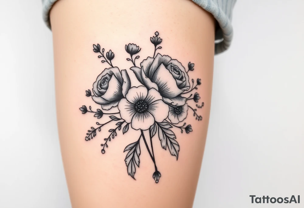 vintage bouquet of wild roses and meadow flowers with morning dew tattoo idea