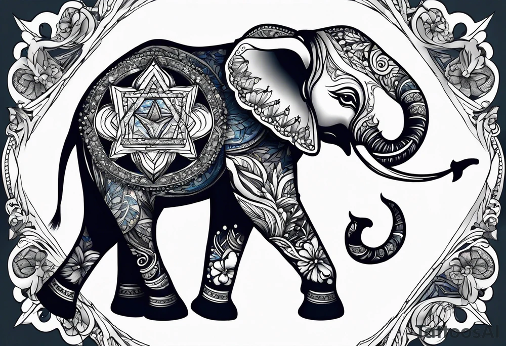 Delicate elephant holding Star of David in tip of trunk tattoo idea