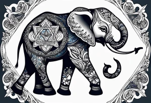 Delicate elephant holding Star of David in tip of trunk tattoo idea