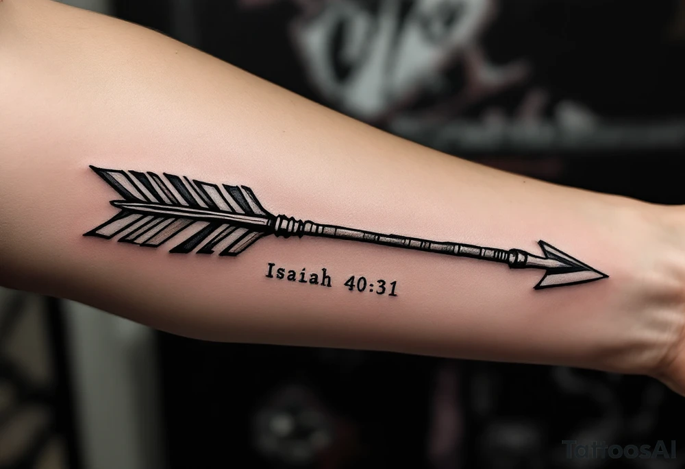 native american full-length arrow saying "Isaiah 40:31" tattoo idea