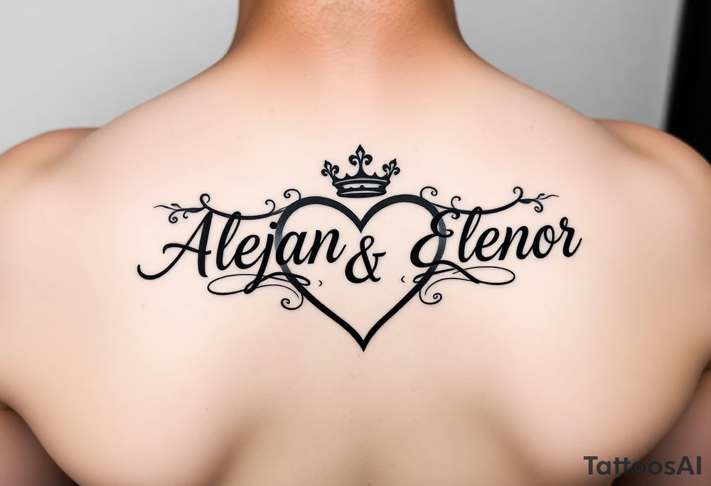 the name Alejandra and Eleanor in a heart with crown tattoo idea