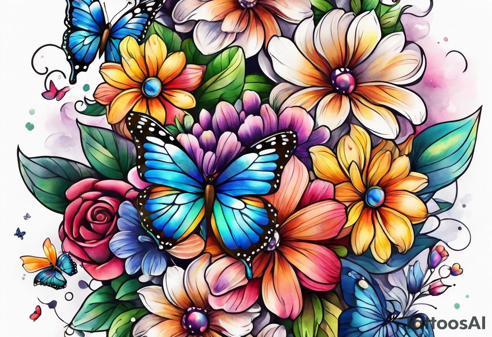 Arm sleeve with rainbow flowers and butterflies tattoo idea