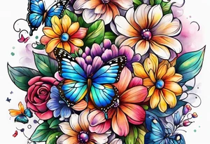 Arm sleeve with rainbow flowers and butterflies tattoo idea