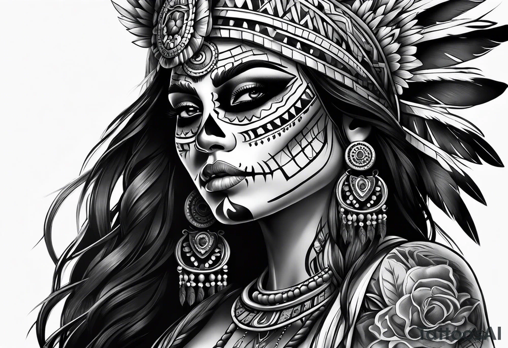 Aztec princess side profile day of the dead tattoo idea
