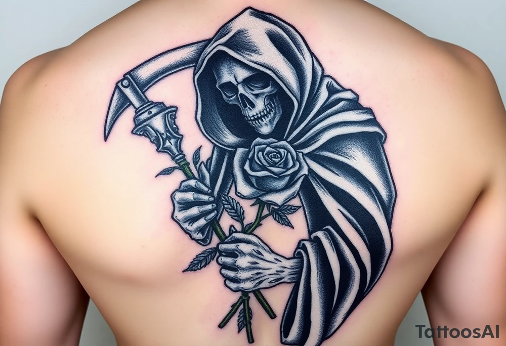 A grim reaper holding a rose, with a flowing black cloak and silver detailing, signifying love's defiance against time and mortality tattoo idea