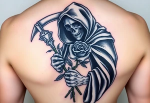 A grim reaper holding a rose, with a flowing black cloak and silver detailing, signifying love's defiance against time and mortality tattoo idea