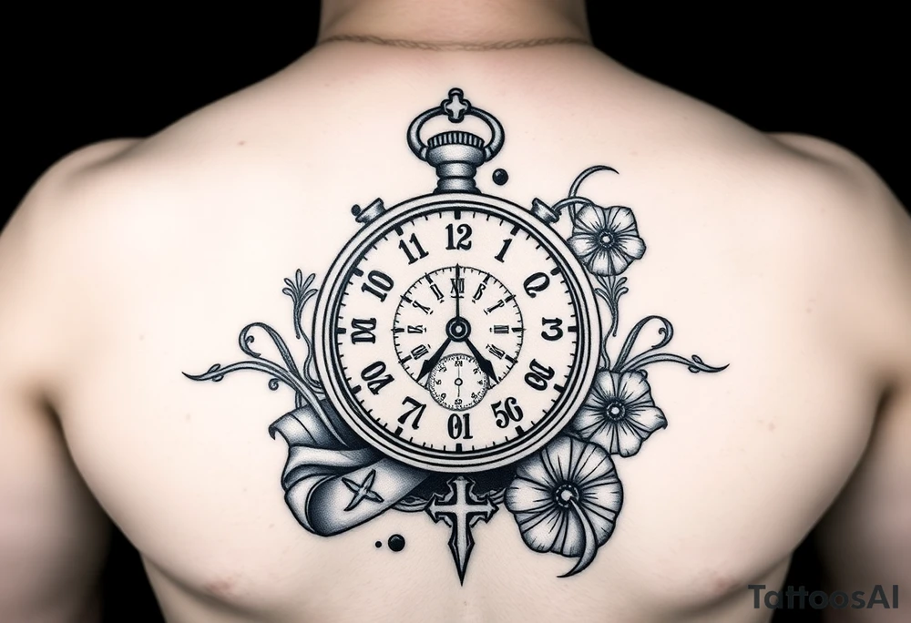 A meaningful tattoo for a 55-year-old man that embodies the themes of fatherhood, time, and integrity. Central to the design is a timepiece (such as a classic pocket watch, sundial, or hourglass) symbolizing his commitment to valuing and managing time despite challenges with focus due to ADD. The design incorporates subtle elements that celebrate his role as a father—perhaps small, meaningful symbols like initials, a family tree, or a compass pointing towards "home" to represent his children. Integrate dynamic elements like flowing sand, gears, or a ribbon of time to capture the feeling of focus and perseverance. The overall style can range from intricate realism to a more abstract or geometric design, depending on his preference.  Add a cross to represent his faith. tattoo idea