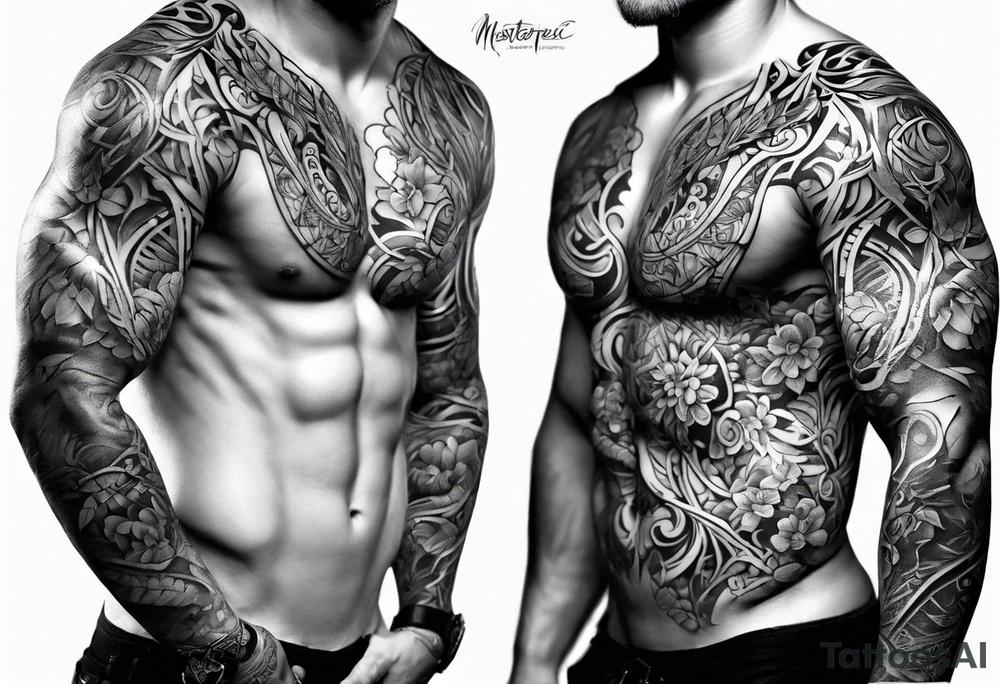 vines coming from skin and wrapping around body. front torso (chest, abs) male tattoo idea