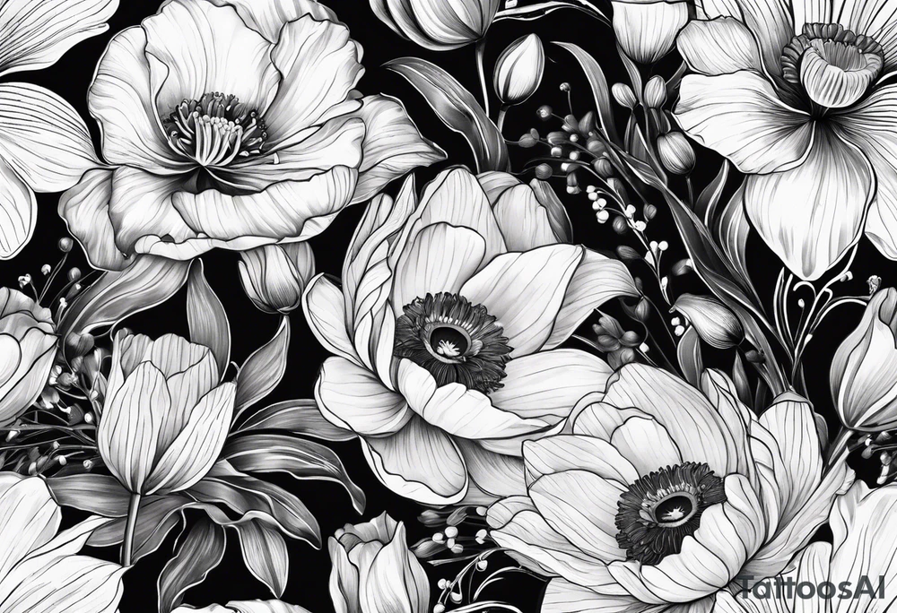 Poppy, water lily, Lily of the valley, daffodil, cosmo flower bouquet tattoo idea
