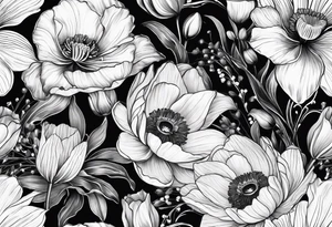 Poppy, water lily, Lily of the valley, daffodil, cosmo flower bouquet tattoo idea