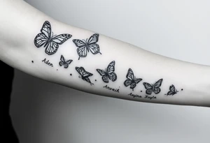 Six Butterflies with kids names streaming down arm  names of kids are Aden, Novaih, Aninna, Rayla, Jayla tattoo idea