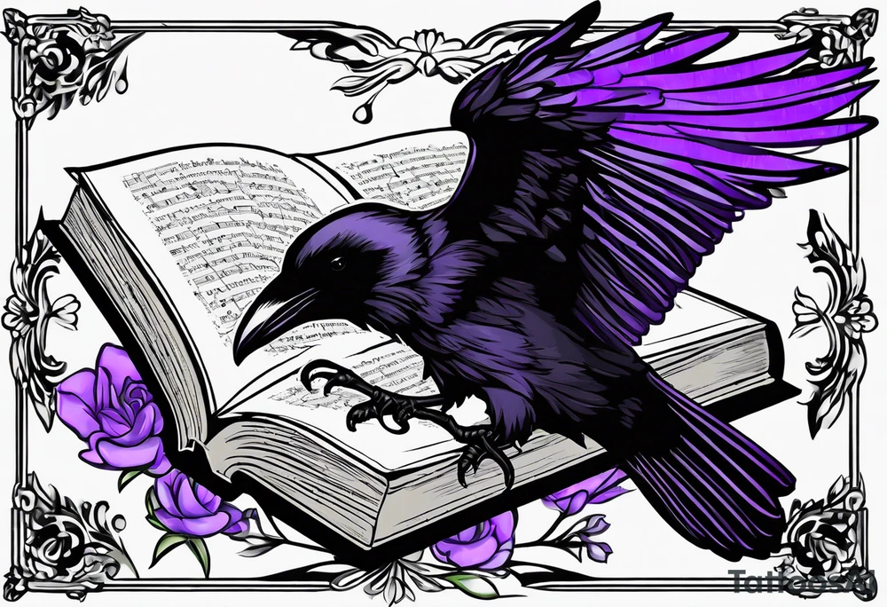 an open book with a small raven flying over, a pawn piece to the right, a single music note and a lavender flower on top of the book tattoo idea