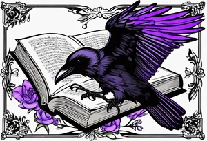 an open book with a small raven flying over, a pawn piece to the right, a single music note and a lavender flower on top of the book tattoo idea