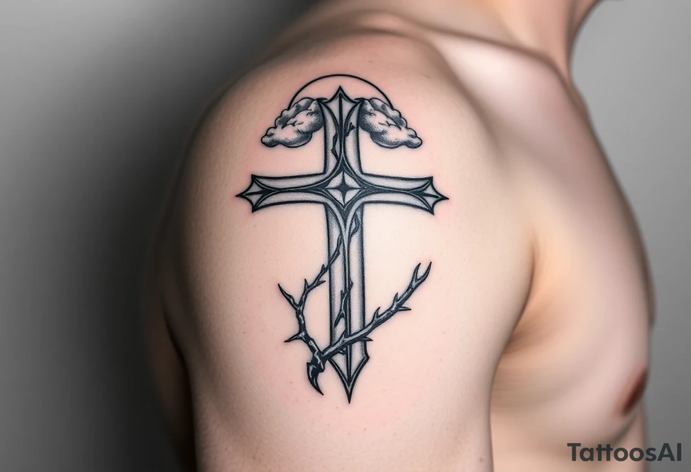 A very detailed and big cross that has thorn vines from a rose wrapping around it but with no flower just the thorns vines and then a halo above the cross with clouds around it tattoo idea