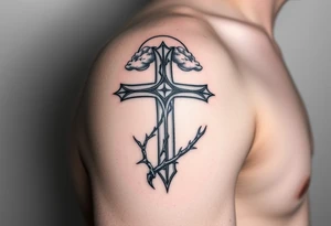 A very detailed and big cross that has thorn vines from a rose wrapping around it but with no flower just the thorns vines and then a halo above the cross with clouds around it tattoo idea