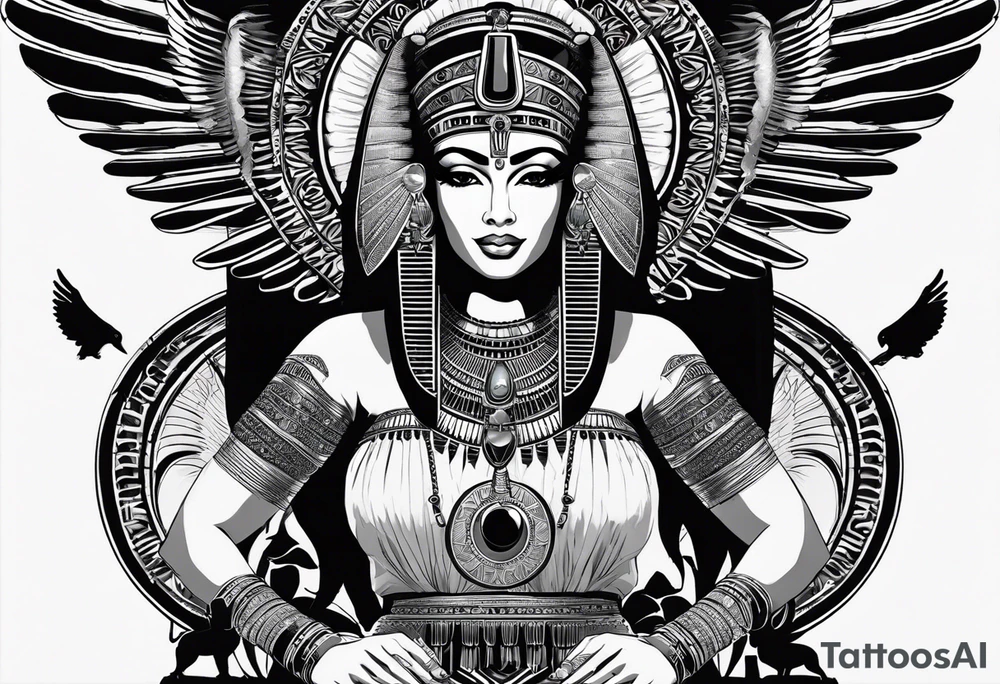 black and white Egyptian goddess Isis, who is often depicted as a woman with outstretched wings, holding an ankh (a symbol of life) in one hand and a lotus flower in the other. Her headdress often includes a throne or a solar disk. The tattoo design can vary in style and size, but it typically aims to capture the essence of this revered Egyptian deity, emphasizing her beauty, power, and maternal qualities. The choice of colors and additional elements can also be customized to create a unique and visually striking representation of the goddess Isis tattoo idea