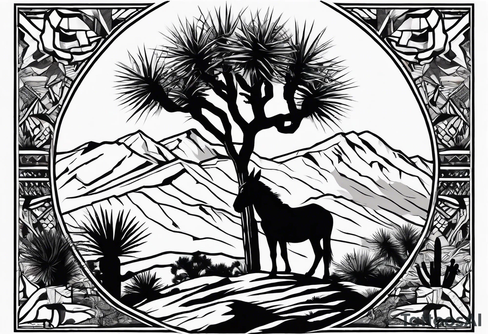 Desert mountain with a donkey and a Joshua tree. Keep gladiator in the background tattoo idea