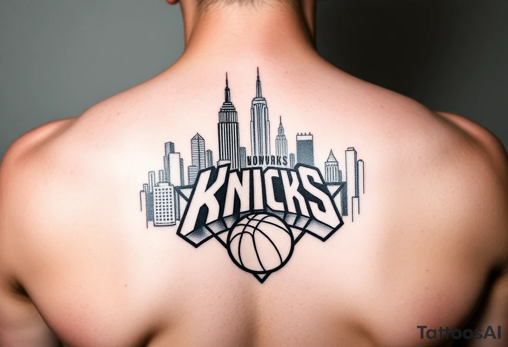 Hyper realistic, New York City cityscape with New York knicks logo tattoo idea