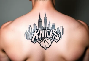 Hyper realistic, New York City cityscape with New York knicks logo tattoo idea