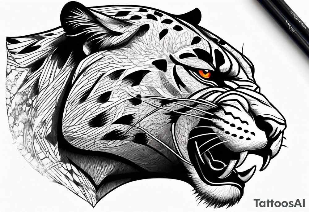 Angry panther facing slightly left with red-orange eyes tattoo idea