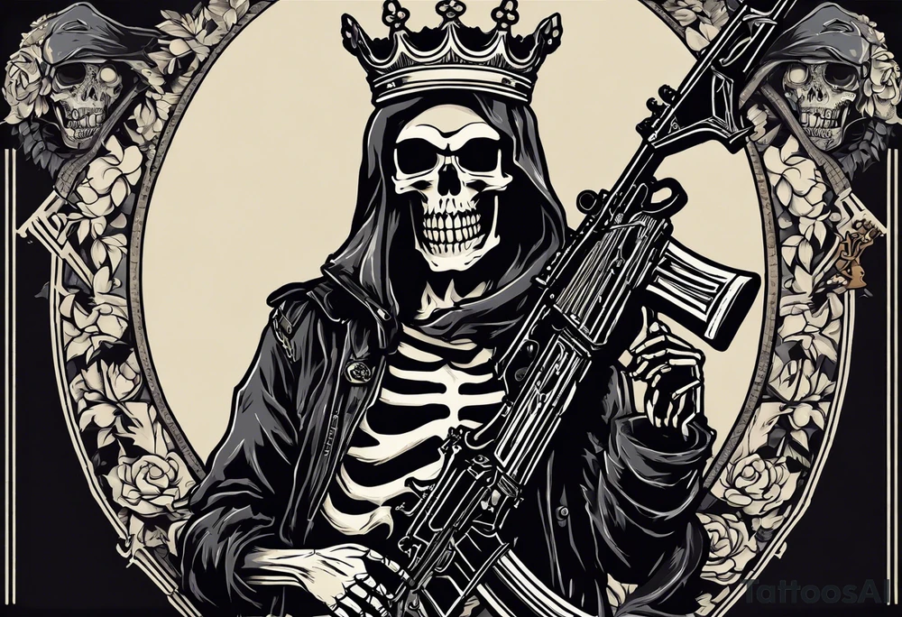 image of a skeleton standing frontally with a crown on his head, holding an AK-47 on his shoulder with his right hand. The chain on the left should be taut, there are three angry barking Dobermans in it, near the waist tattoo idea