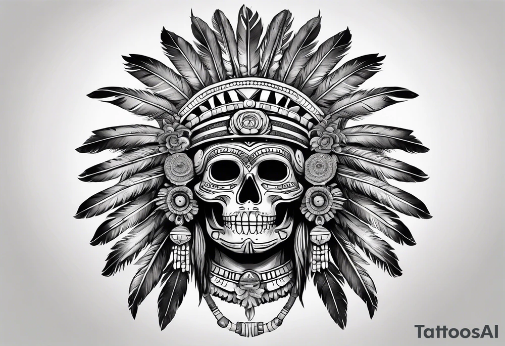 aztec god of death Mictlantecuhtli with long feathers around his head and skull as a head tattoo idea