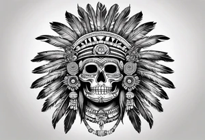 aztec god of death Mictlantecuhtli with long feathers around his head and skull as a head tattoo idea
