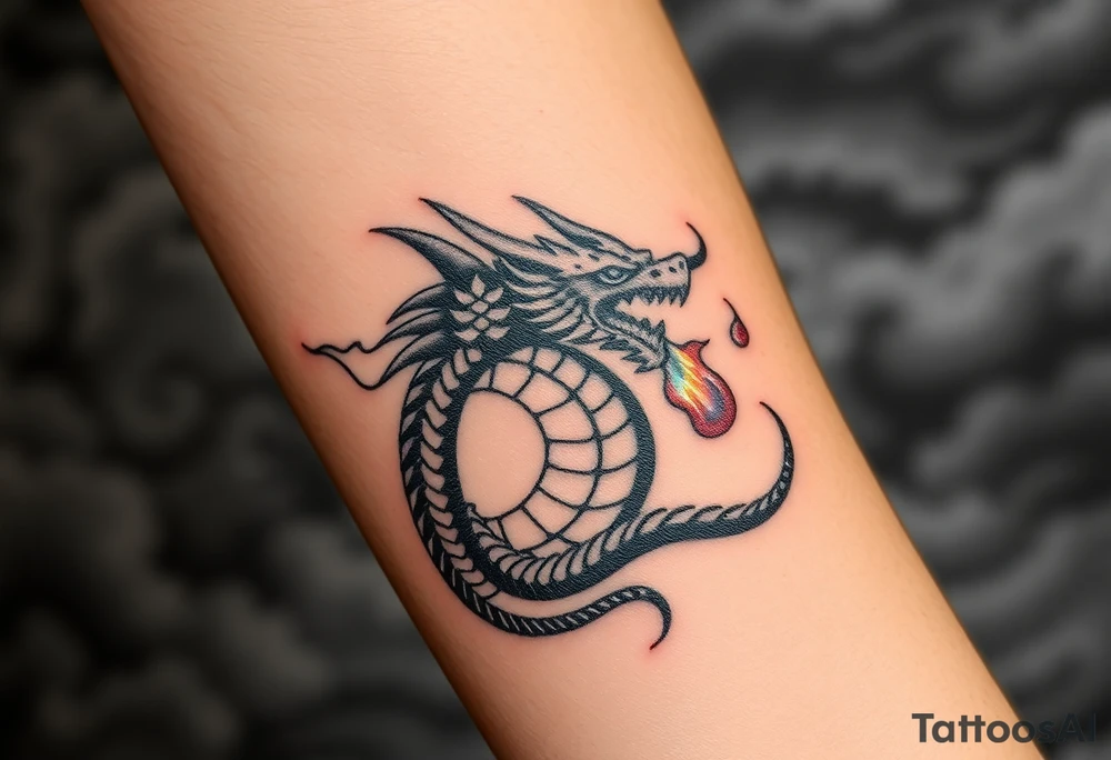 fierce dragon breathing iridescent fire against stormy skies tattoo idea