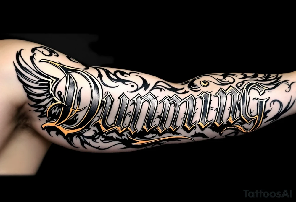 Dunning, left arm details include bold strong font, gold highlights, theme of wealth and angel wings, tattoo idea