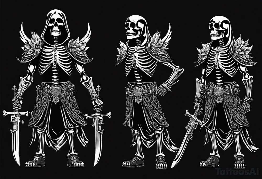 image of a skeleton standing frontally with a crown on his head, holding an AK-47 on his shoulder with his right hand. The chain on the left should be taut, there are three angry barking Dobermans in it, near the waist tattoo idea
